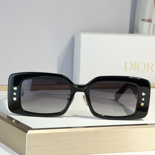 D**R Slim Rectangular Sunglasses | Black Acetate Frame, Grey Gradient Lenses & Gold Logo Temple