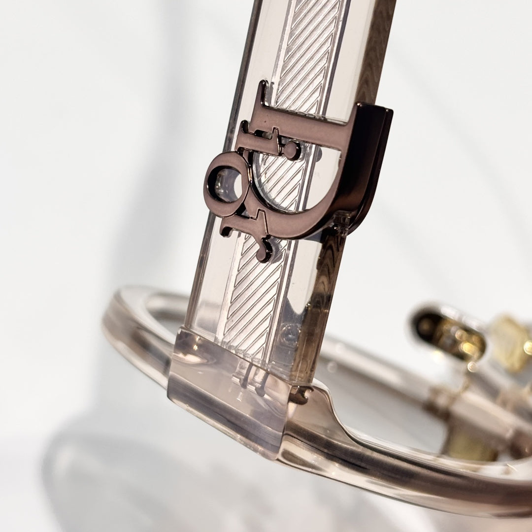 D**R Square Cat-Eye Sunglasses | Transparent Champagne Acetate Frame, 3D CD Letter Hinge Block, Flat Brown Lenses