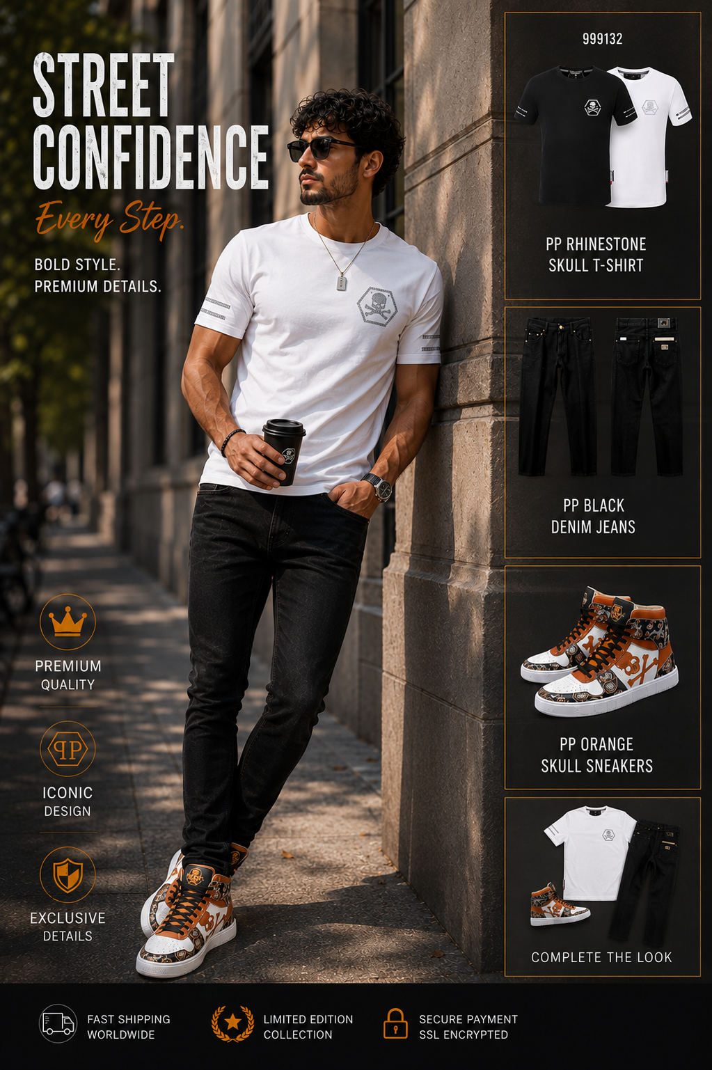 Male model wearing a white rhinestone skull graphic t-shirt, black slim jeans, and orange brown high-top sneakers in an urban street setting
