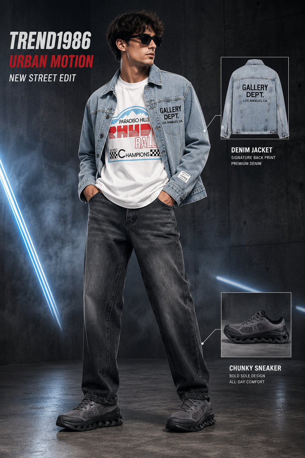 Men’s washed denim jacket outfit with a graphic T-shirt
