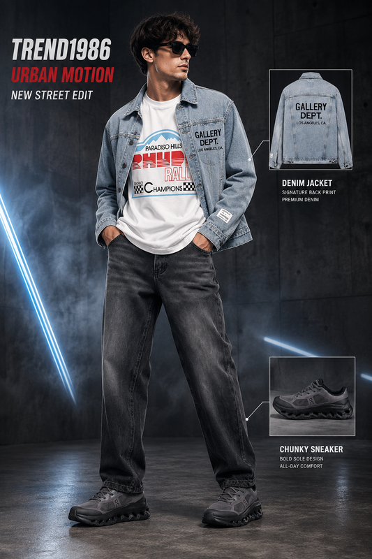 Men’s washed denim jacket outfit with a graphic T-shirt