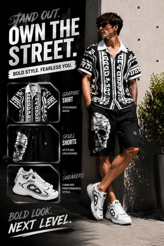 Male model wearing a black and white all-over graphic print shirt, black skull shorts, and white designer sneakers in a street setting