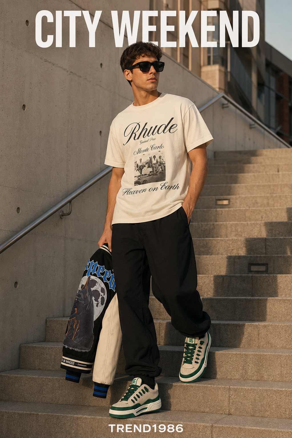 Men's varsity jacket city weekend outfit with ivory graphic tee, green sneakers and black square sunglasses
