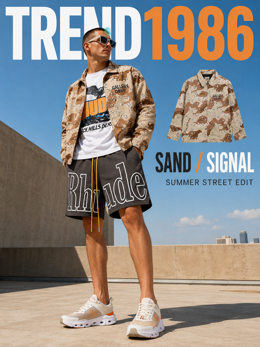 Men's five-piece streetwear editorial featuring camouflage outerwear, graphic T-shirt, black shorts, square sunglasses and cream sneakers.