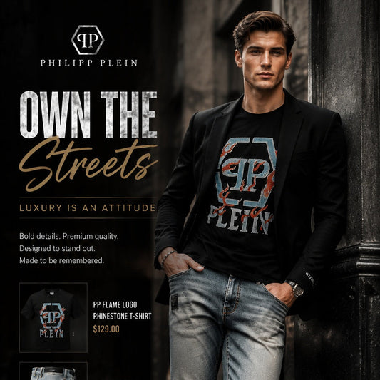 Man wearing a black rhinestone logo graphic t-shirt under a fitted black blazer with light-wash distressed jeans — luxury streetwear outfit for men