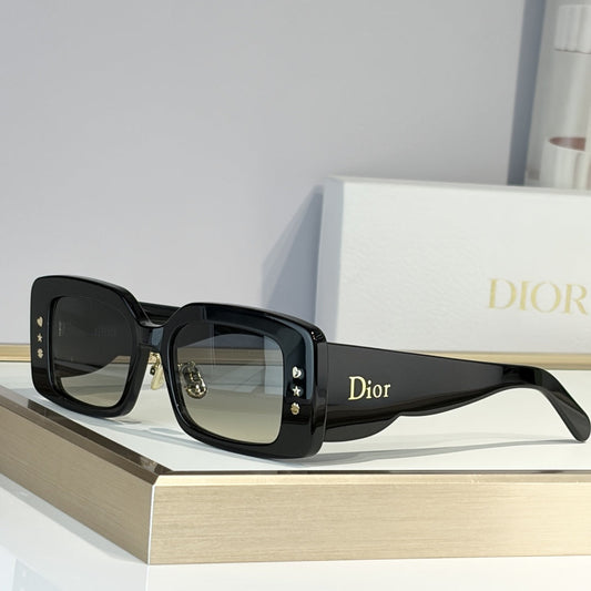 D**R Slim Rectangular Sunglasses | Black Acetate Frame, Warm Grey Gradient Lenses & Gold Logo Temple