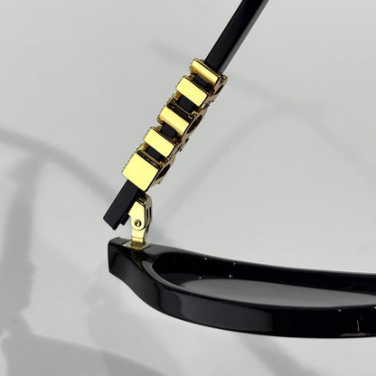 D**R Oval Cat-Eye Sunglasses | Gloss Black Acetate Frame, 3D DIOR Letter Hinge Block, Gold Metal Nose Bridge, Flat Grey Lenses