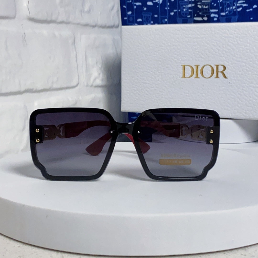 D**R Oversized Square Sunglasses | Black Frame, Red Temple, Gold CD Logo & Blue-Grey Gradient Lenses