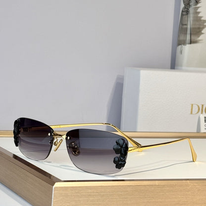D**R Slim Rimless Oval Sunglasses with Warm Brown Solid Lenses, Silver Metal Temples & Sculptural White Flower Cluster Embellishment
