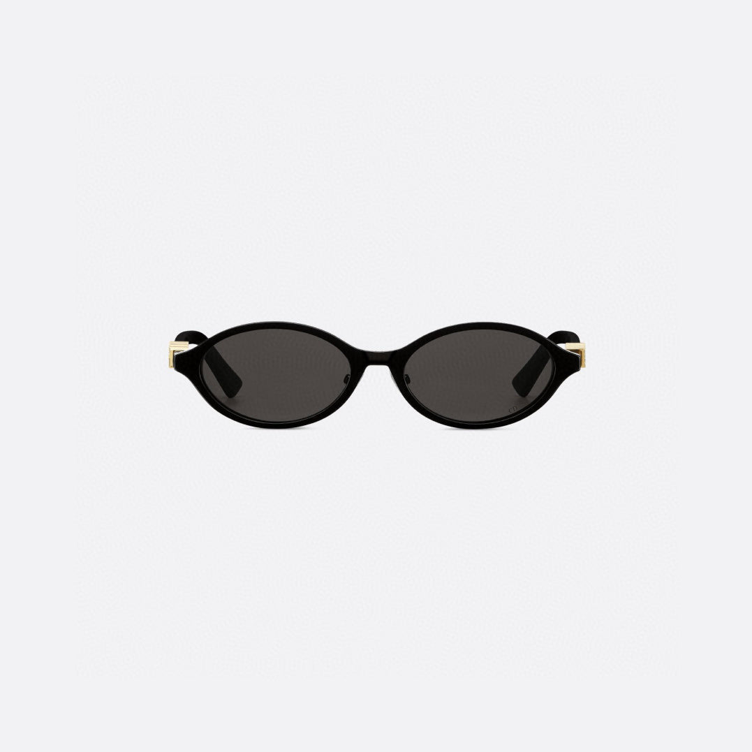 D**R Oval Cat-Eye Sunglasses | Gloss Black Acetate Frame, 3D DIOR Letter Hinge Block, Gold Metal Nose Bridge, Flat Grey Lenses