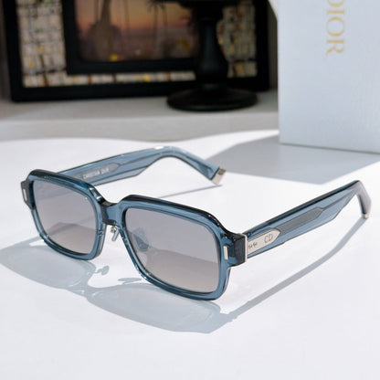 D**R Thick Rectangular Sunglasses with Chunky Smoky Grey Transparent Acetate Frame, Dark Grey Solid Lenses & Silver CD Badge Hardware