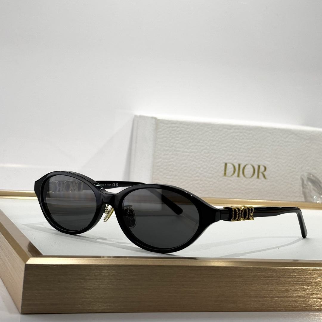D**R Oval Cat-Eye Sunglasses | Gloss Black Acetate Frame, 3D DIOR Letter Hinge Block, Gold Metal Nose Bridge, Flat Grey Lenses