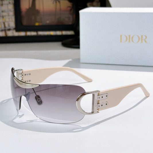 D**R Rimless Wraparound Shield Sunglasses with Grey Purple Gradient Lens, Black Temples & Oversized Gold CD Logo Hardware