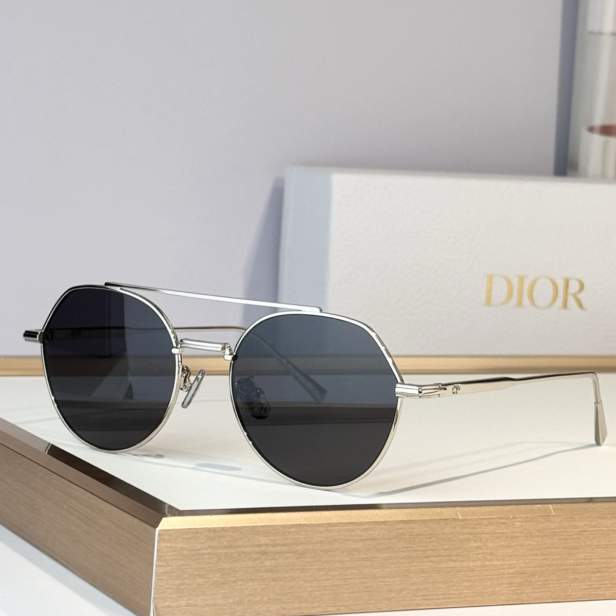 D**R Round Sunglasses | Silver Double-Bridge Metal Frame & Dark Grey Lenses