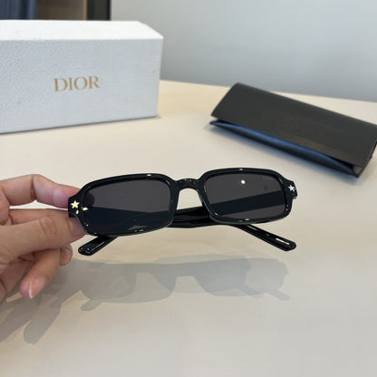 D**R Narrow Rectangle Sunglasses | Glossy Black Acetate Frame, Star Detail & Dark Lenses