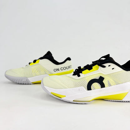 On THE ROGER Pro Fire – Unisex Lightweight Breathable Anti-Slip Shock-Absorbing Low-Top Tennis Shoes | White, Neon Yellow & Black