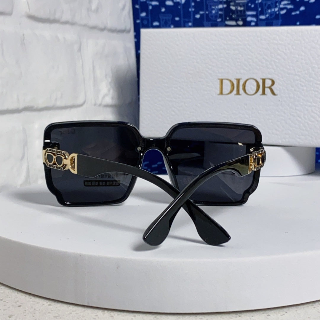 D**R Oversized Square Sunglasses | All-Black Frame, Gold CD Logo Temple & Dark Grey Lenses