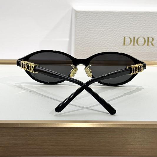D**R Oval Cat-Eye Sunglasses | Gloss Black Acetate Frame, 3D Gold DIOR Letter Hinge Block, Flat Dark Grey Lenses
