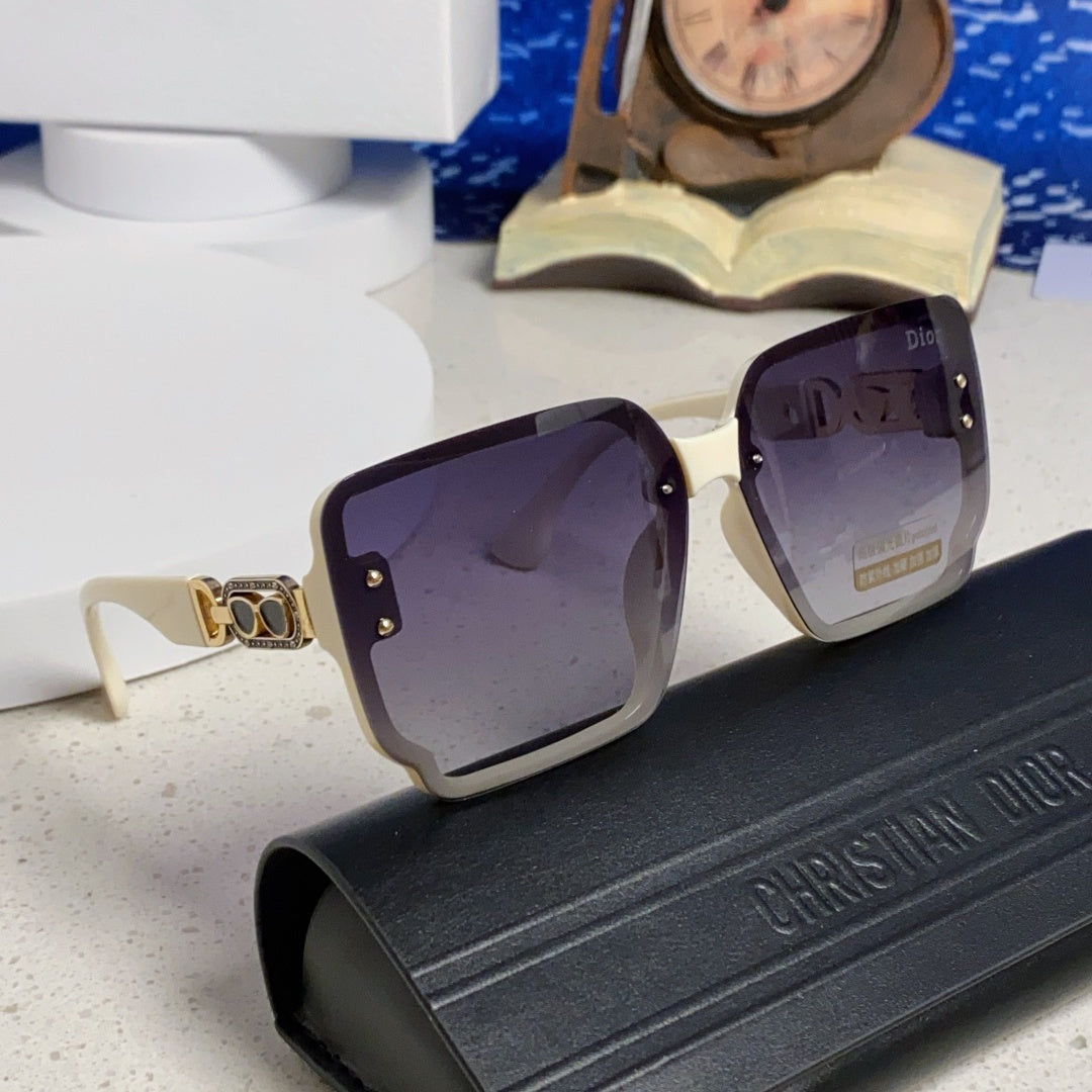 D**R Oversized Square Sunglasses | Cream White Frame, Gold CD Logo Temple & Purple-Grey Gradient Lenses
