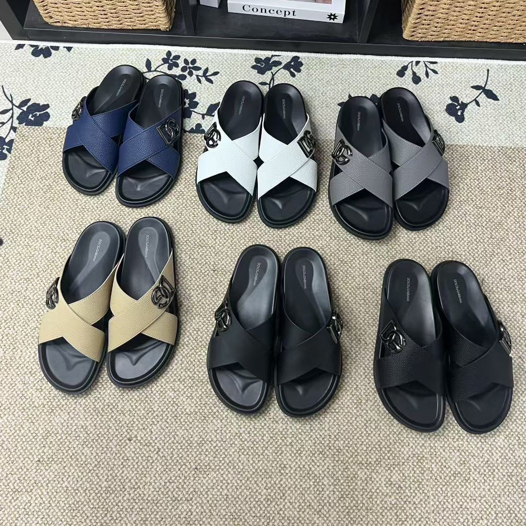 D*G 2026 Premium Leather Casual Slippers - Designer Men's Slides in 5 Colors