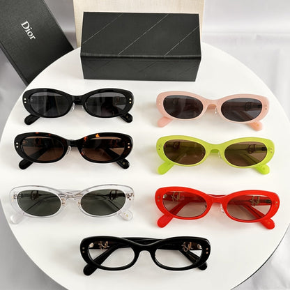 D**R Slim Narrow Oval Sunglasses with Glossy Black Acetate Frame, Dark Grey Lenses & Gold CD Hinge Hardware