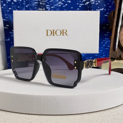 D**R Oversized Square Sunglasses | Black Frame, Red Temple, Gold CD Logo & Blue-Grey Gradient Lenses