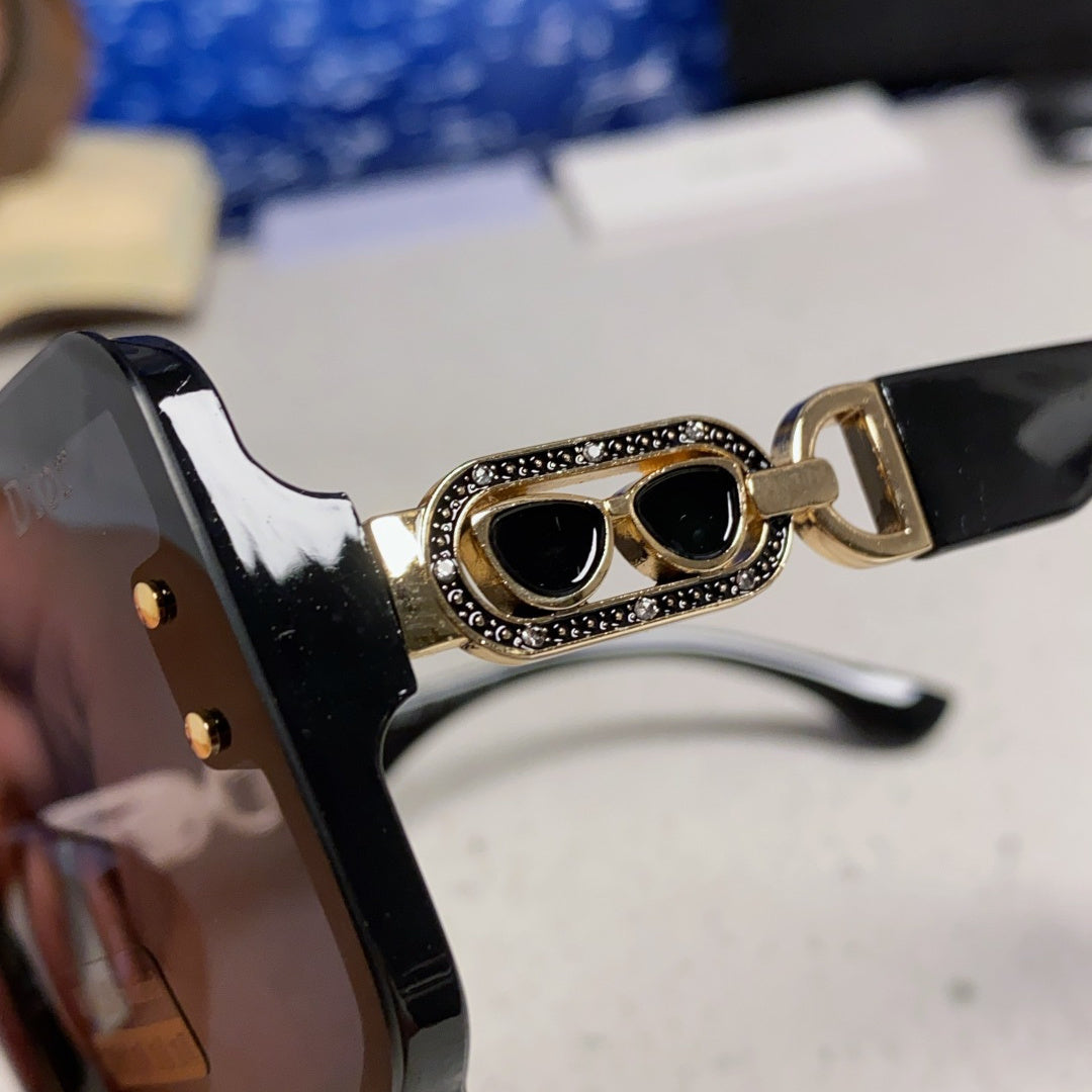 D**R Oversized Square Sunglasses | All-Black Frame, Gold CD Logo Temple & Dark Grey Lenses