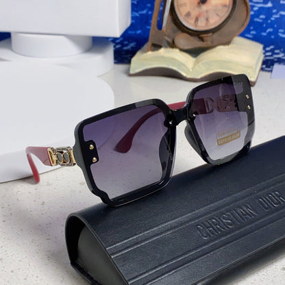 D**R Oversized Square Sunglasses | Black Frame, Red Temple, Gold CD Logo & Grey Gradient Lenses
