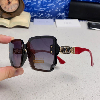 D**R Oversized Square Sunglasses | Black Frame, Red Temple, Gold CD Logo & Grey Gradient Lenses