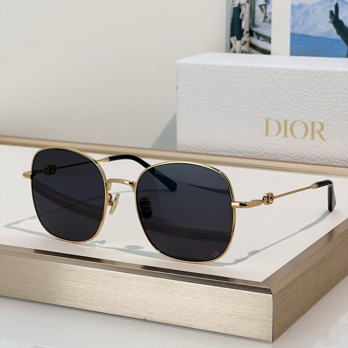 D**R Square Round Optical Glasses with Slim Gold Metal Wire Frame, Clear Blue Light Lenses & CD Logo Hinge Hardware