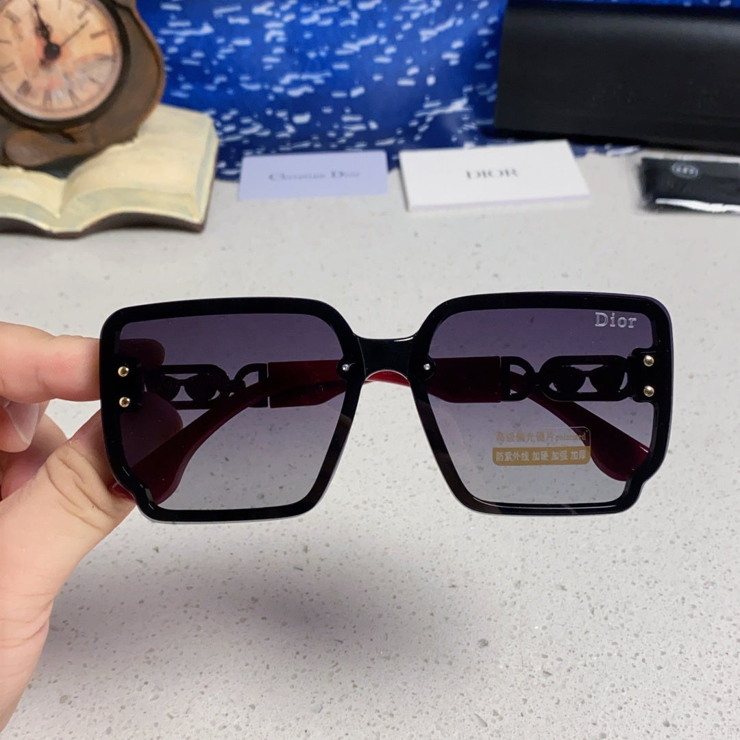 D**R Oversized Square Sunglasses | Black Frame, Red Temple, Gold CD Logo & Grey Gradient Lenses