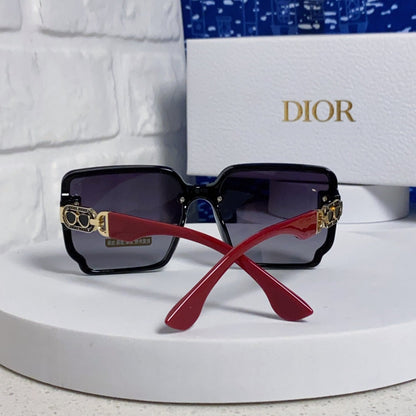D**R Oversized Square Sunglasses | Black Frame, Red Temple, Gold CD Logo & Blue-Grey Gradient Lenses