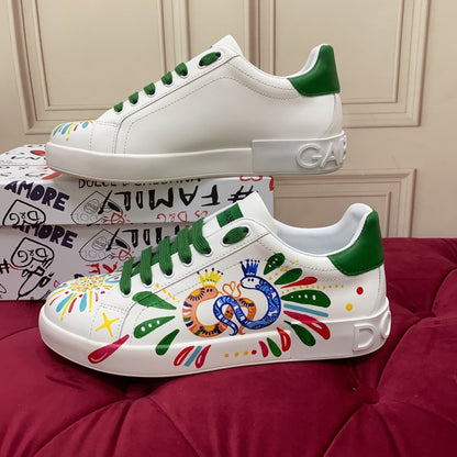 D*G 2026 Premium Leather Casual Sneakers - Designer Unisex Shoes in White & White/Green