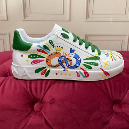 D*G 2026 Premium Leather Casual Sneakers - Designer Unisex Shoes in White & White/Green