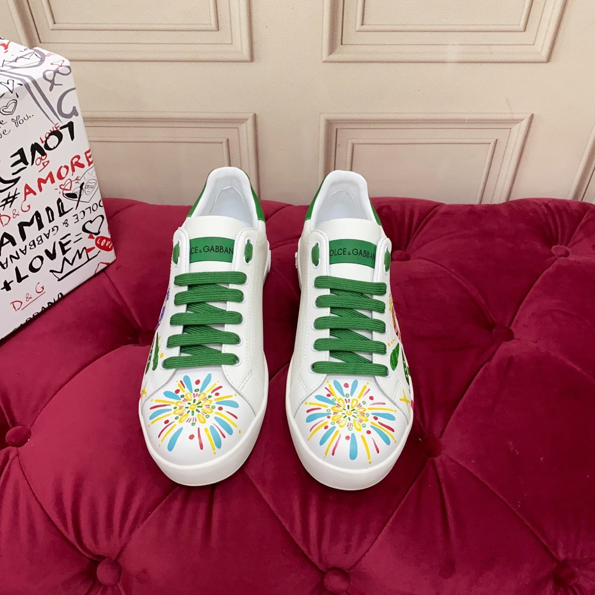 D*G 2026 Premium Leather Casual Sneakers - Designer Unisex Shoes in White & White/Green