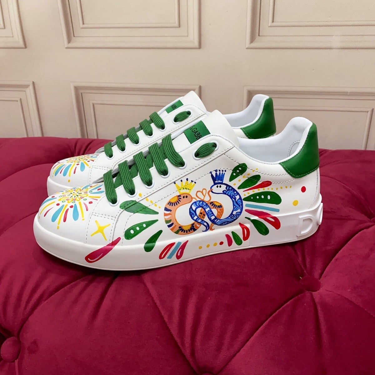 D*G 2026 Premium Leather Casual Sneakers - Designer Unisex Shoes in White & White/Green