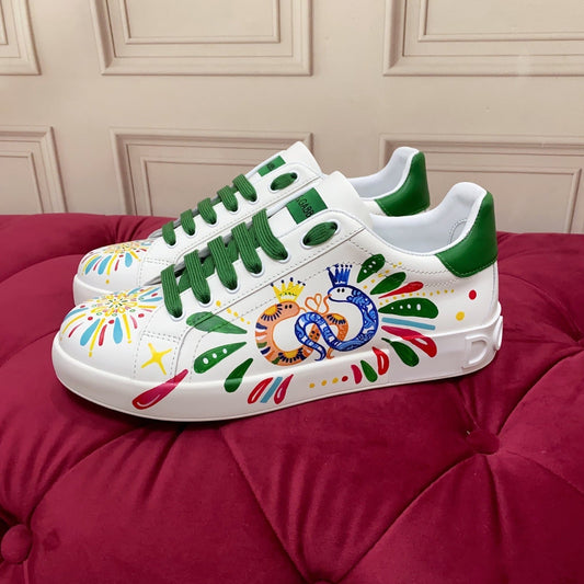 D*G 2026 Premium Leather Casual Sneakers - Designer Unisex Shoes in White & White/Green