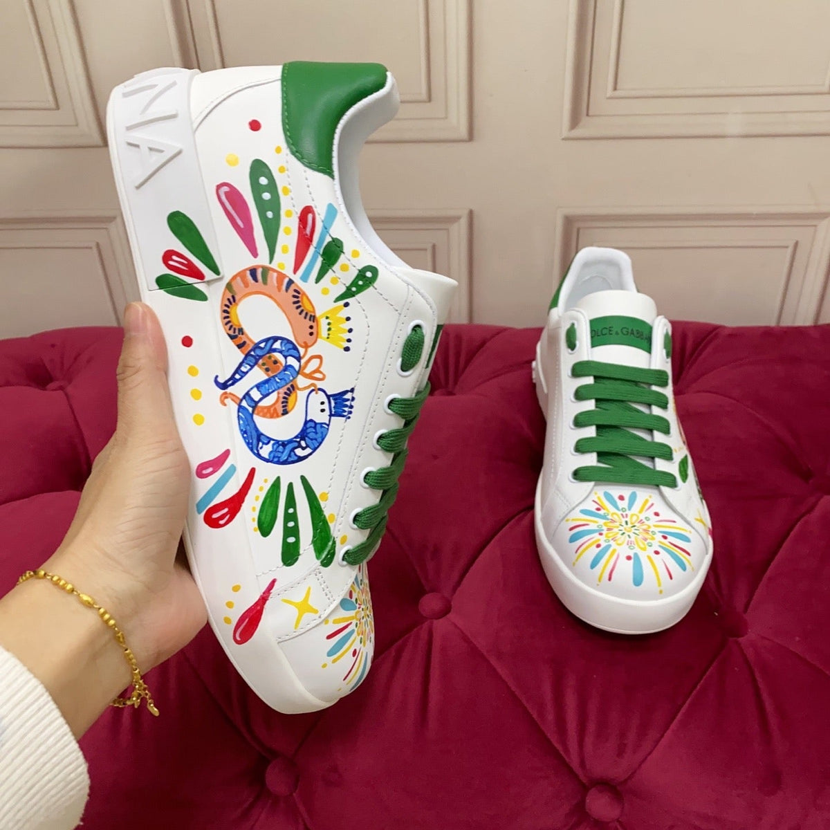 D*G 2026 Premium Leather Casual Sneakers - Designer Unisex Shoes in White & White/Green