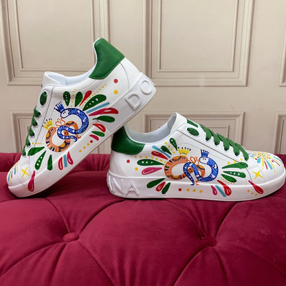 D*G 2026 Premium Leather Casual Sneakers - Designer Unisex Shoes in White & White/Green