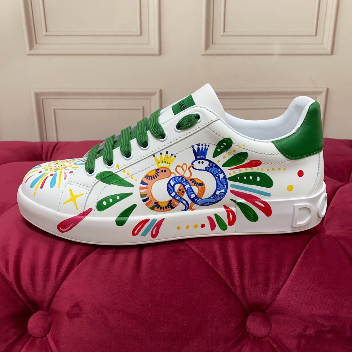D*G 2026 Premium Leather Casual Sneakers - Designer Unisex Shoes in White & White/Green