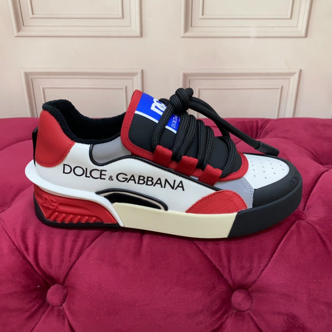 D*G 2026 Premium Leather Casual Sneakers - Designer Unisex Shoes in Red, Blue & White