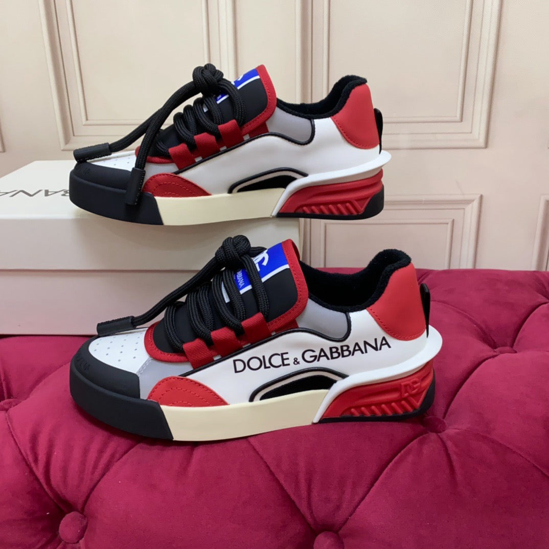 D*G 2026 Premium Leather Casual Sneakers - Designer Unisex Shoes in Red, Blue & White