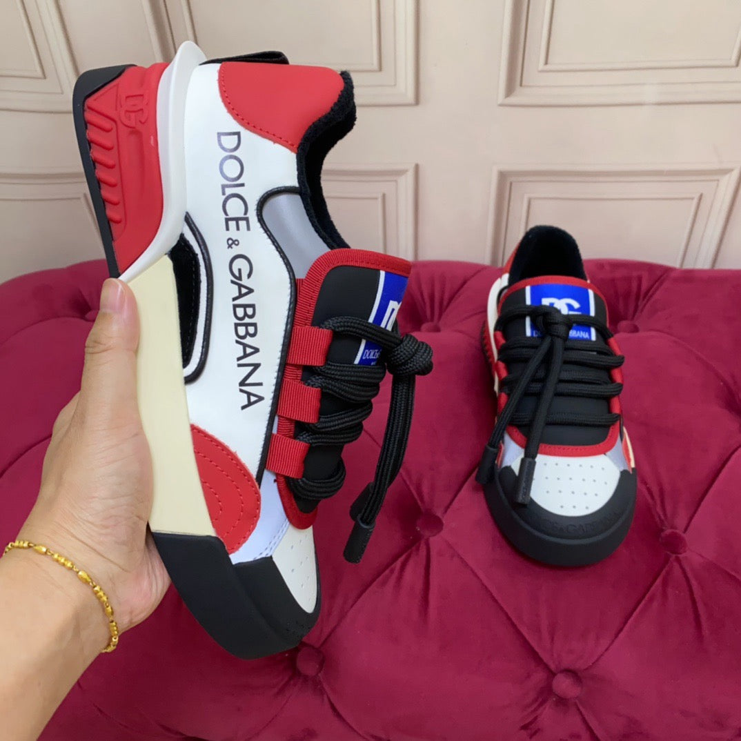 D*G 2026 Premium Leather Casual Sneakers - Designer Unisex Shoes in Red, Blue & White