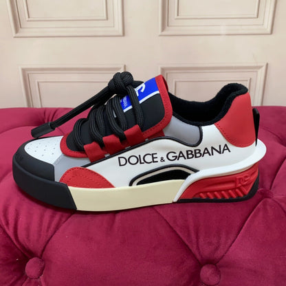 D*G 2026 Premium Leather Casual Sneakers - Designer Unisex Shoes in Red, Blue & White