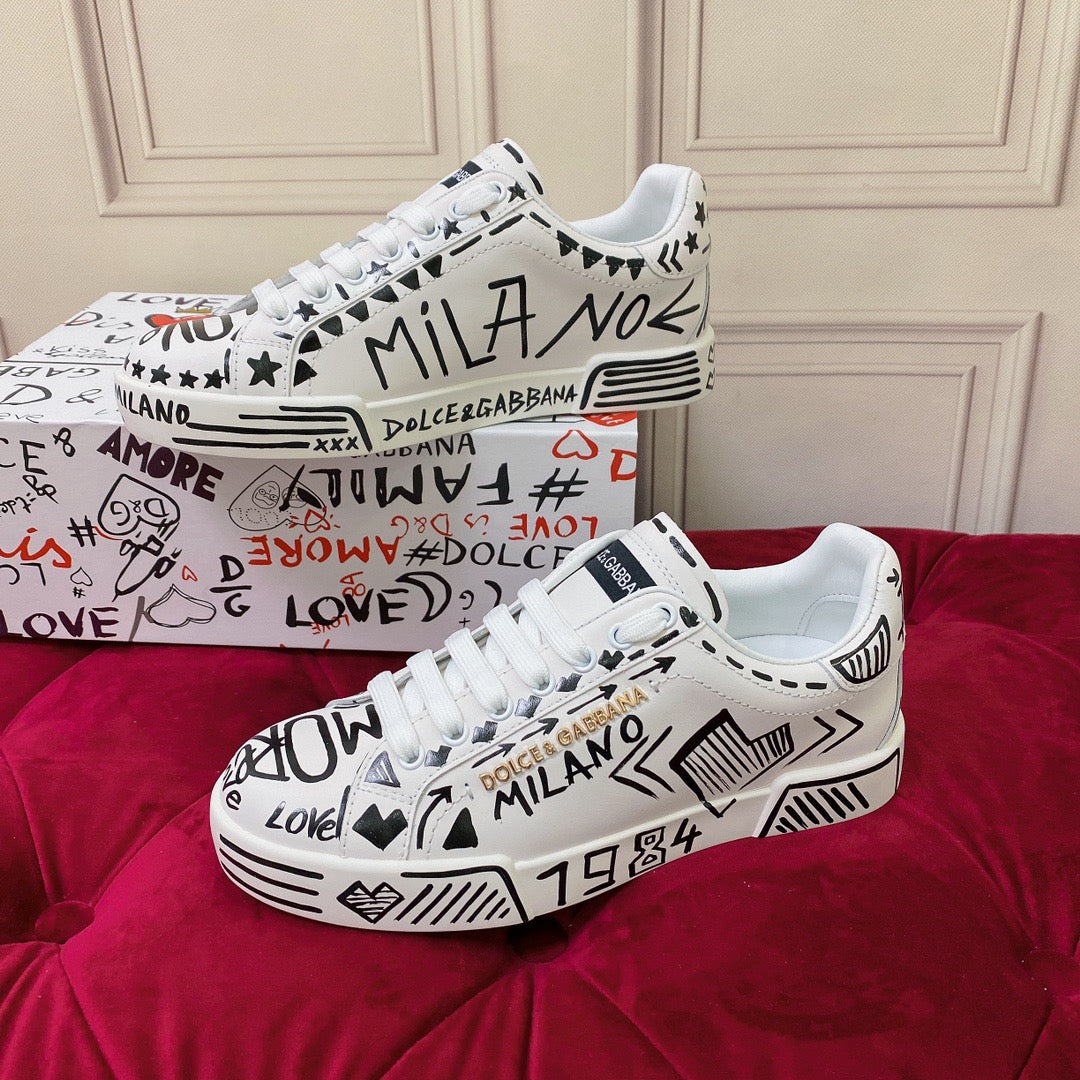 D*G 2026 Premium Leather Casual Sneakers - Designer Unisex Shoes in 2 White Styles