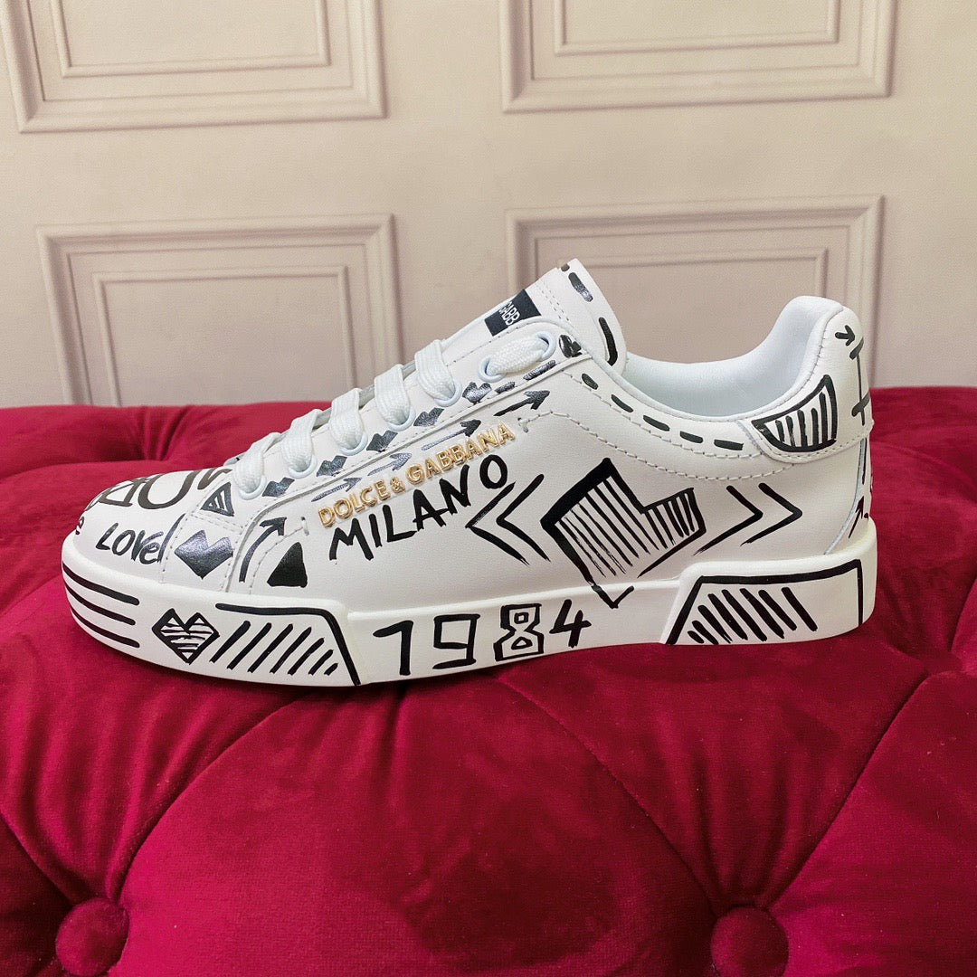D*G 2026 Premium Leather Casual Sneakers - Designer Unisex Shoes in 2 White Styles