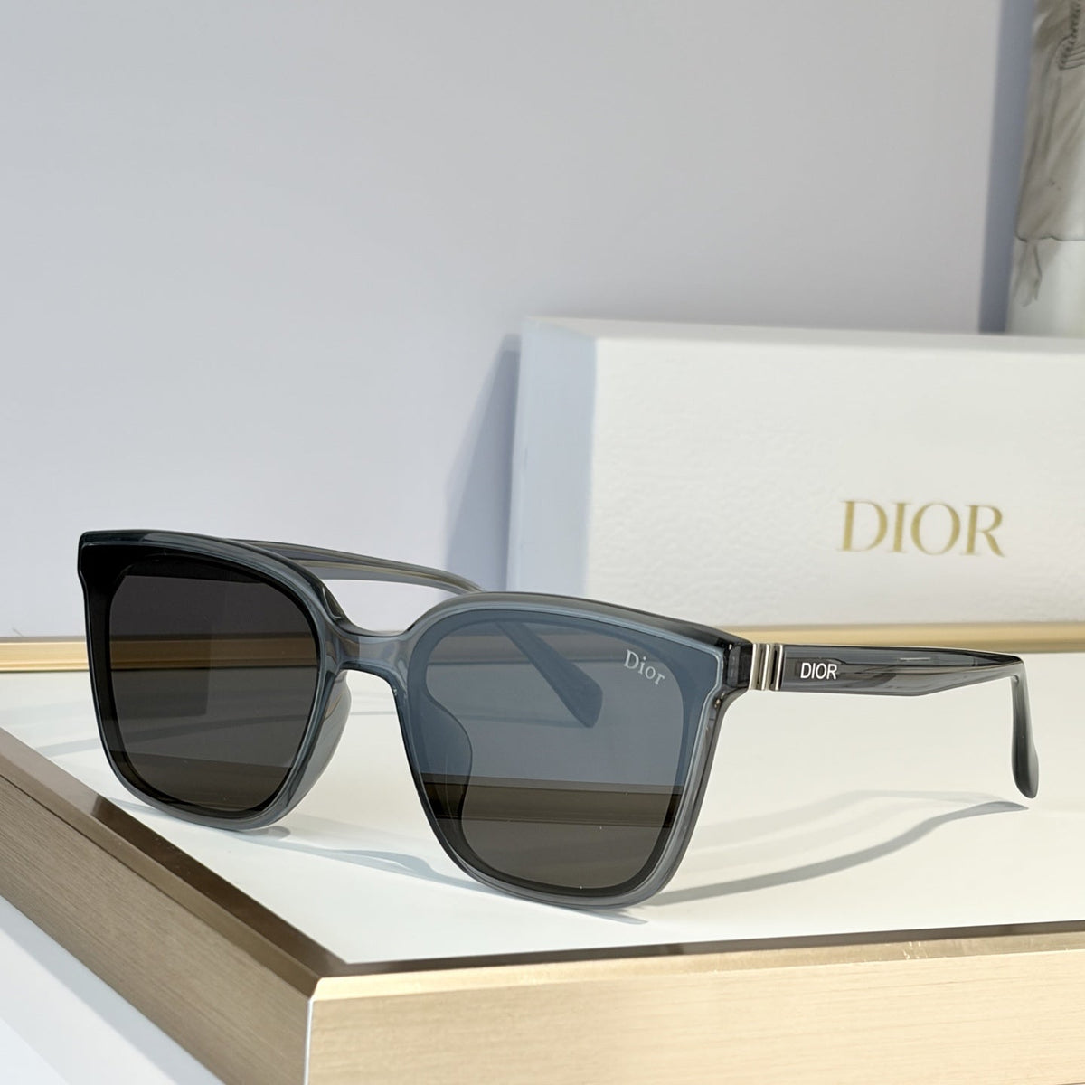 D**R Oversized Square Cat-Eye Sunglasses | Two-Layer Acetate Frame, Triple-Bar Metal Hinge, DIOR Temple Lettering | 4 Colors incl. Black-Blue & Black-Grey