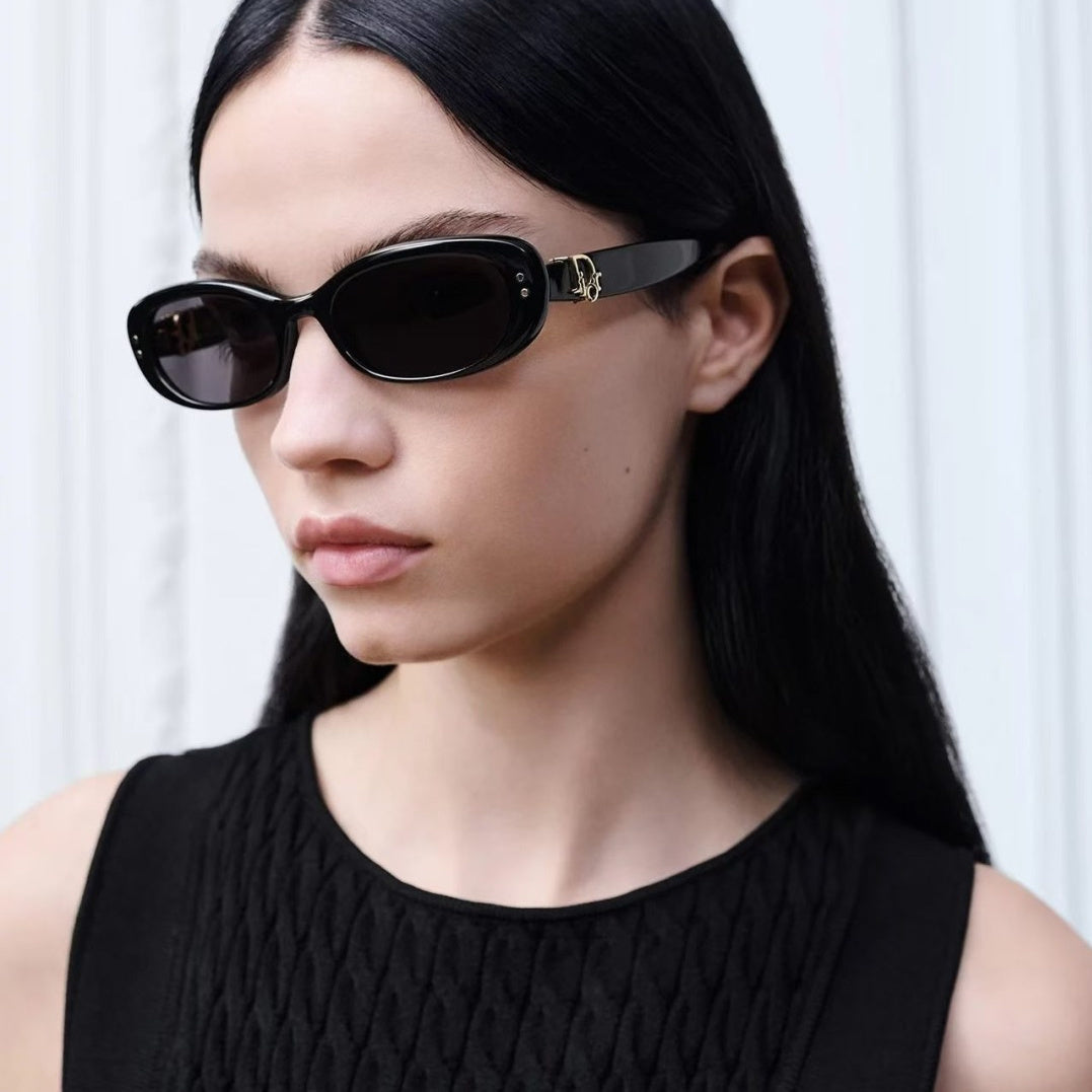 D**R Slim Narrow Oval Sunglasses with Glossy Black Acetate Frame, Dark Grey Lenses & Gold CD Hinge Hardware