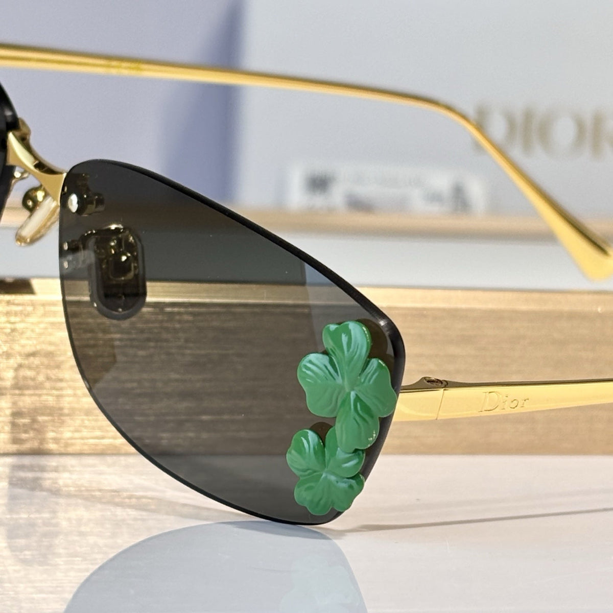 D**R Slim Rimless Oval Sunglasses with Warm Brown Solid Lenses, Silver Metal Temples & Sculptural White Flower Cluster Embellishment