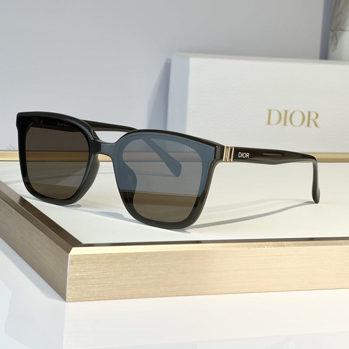 D**R Oversized Square Cat-Eye Sunglasses | Two-Layer Acetate Frame, Triple-Bar Metal Hinge, DIOR Temple Lettering | 4 Colors incl. Black-Blue & Black-Grey
